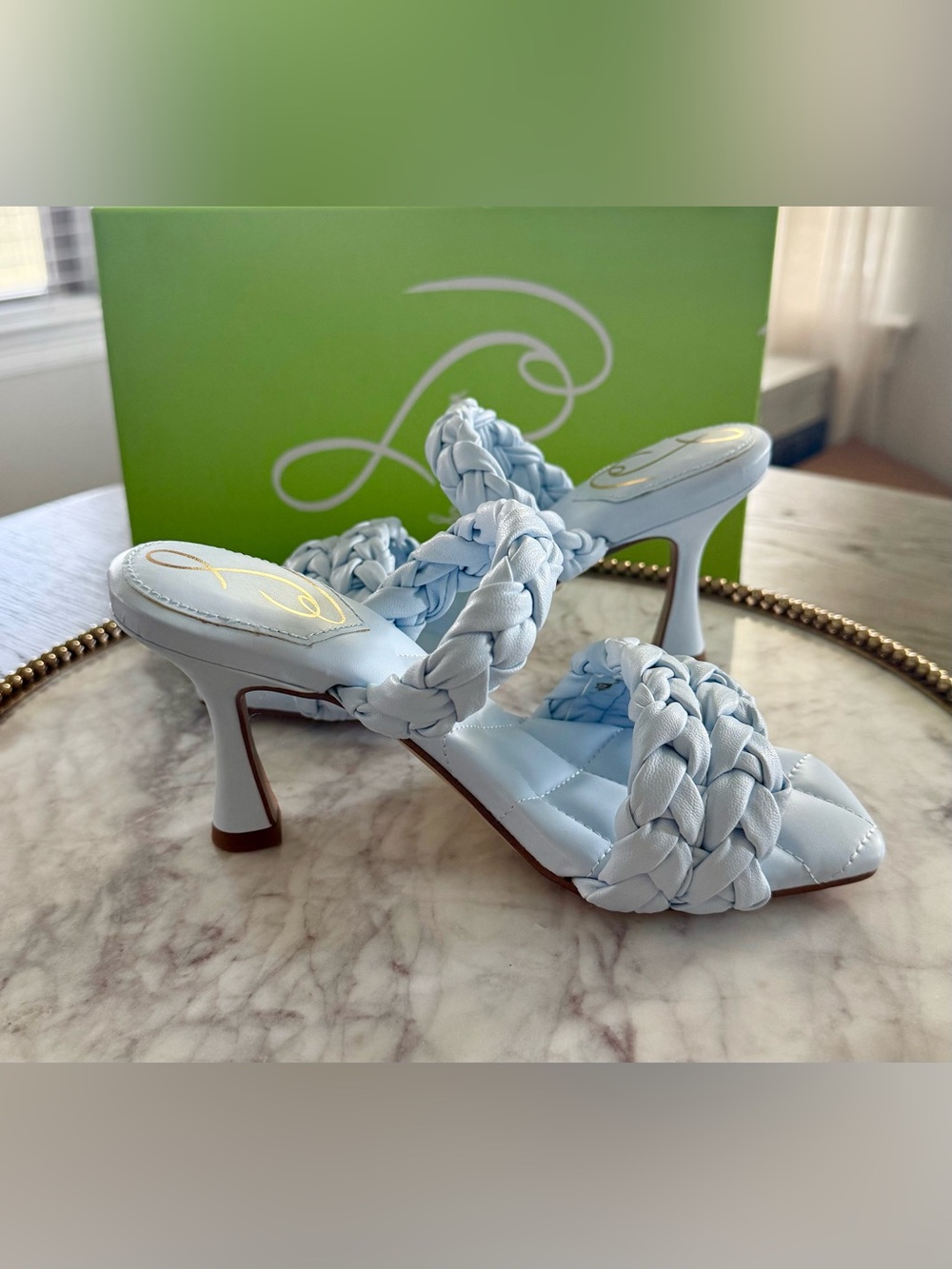 Sam Edelman Meghan Riveria Blue Leather Quilted Mule Heels Sandals|Sz 5 NWB - Picture 5 of 7